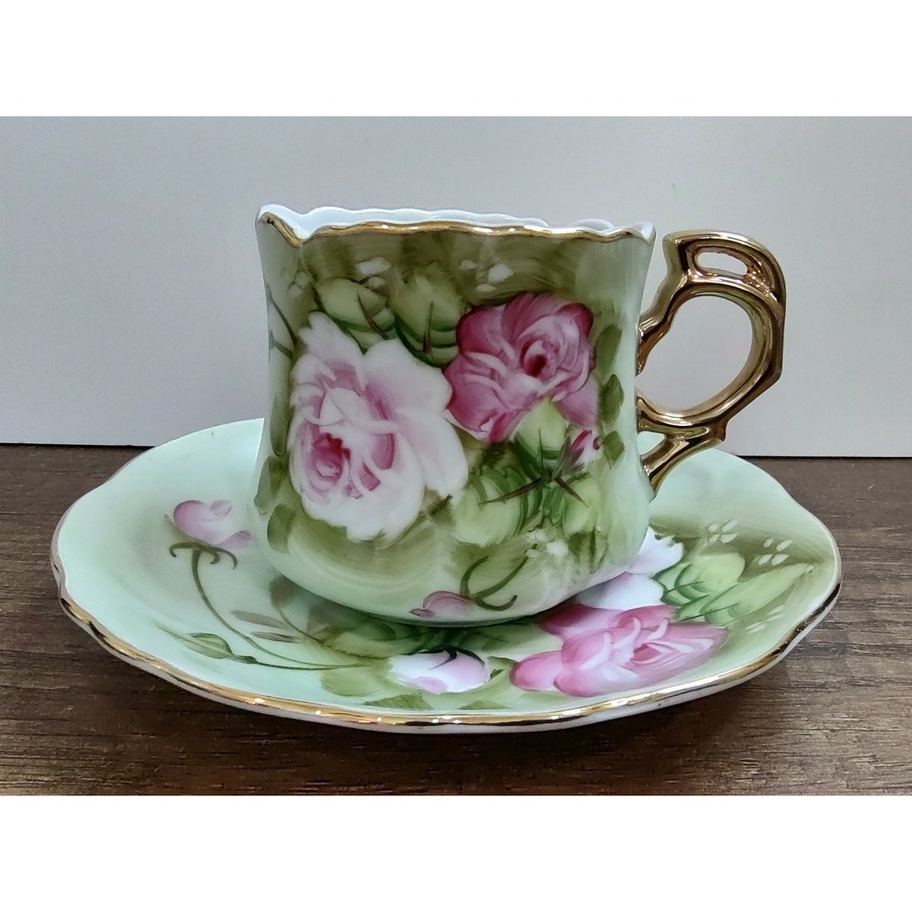 Vintage Lefton Heritage Green Hand Painted Teacup and Saucer #3057 1950's